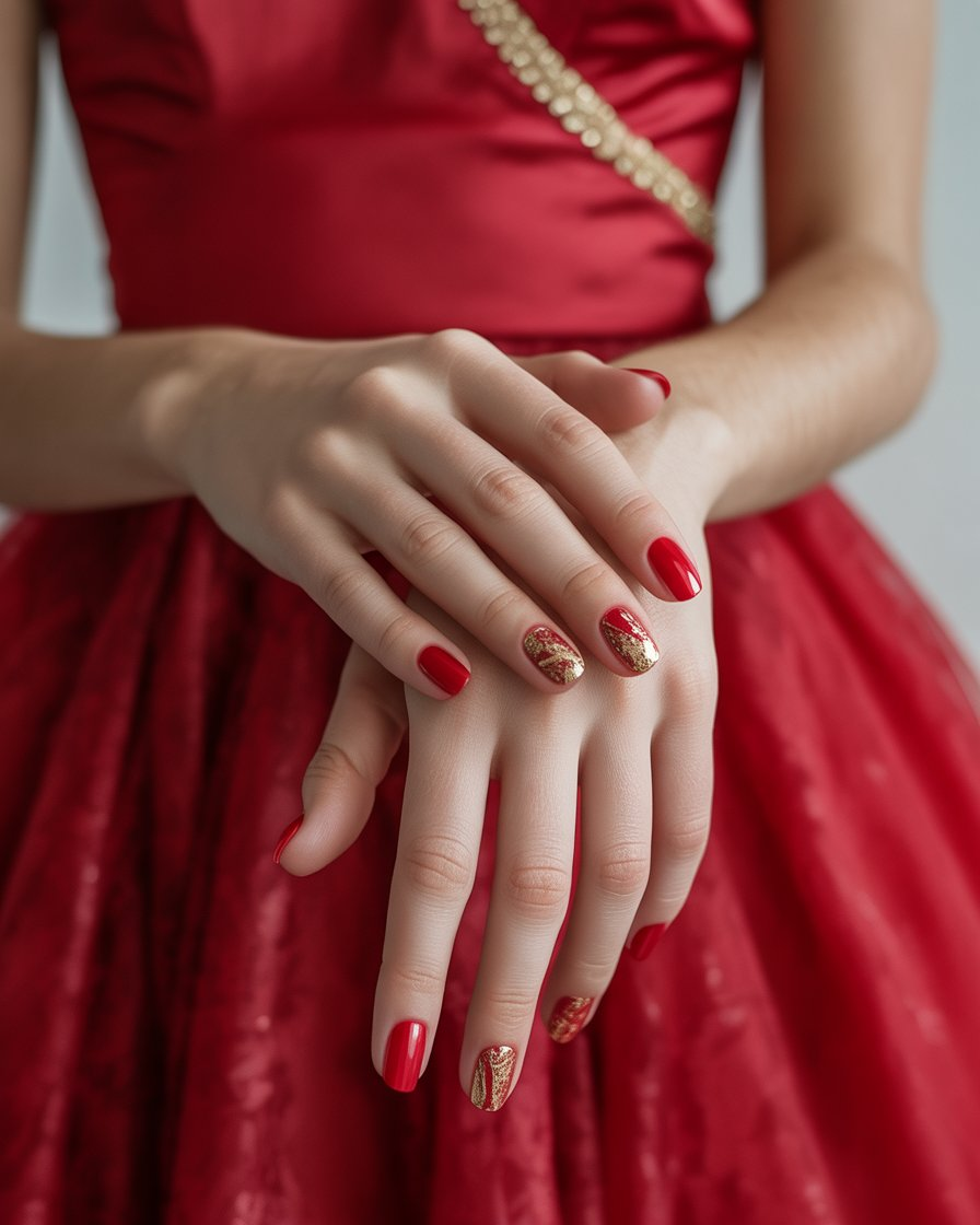 Classic red nails with gold foil accents for a bold and elegant prom design.