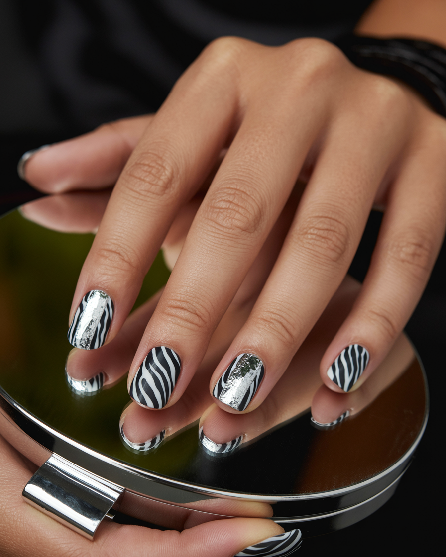 Elegant zebra striped nails with metallic gold