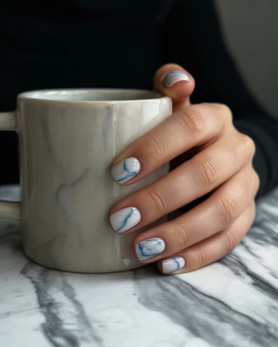 Elegant marble nails with gray, white, and soft blue veins for a chic summer look.