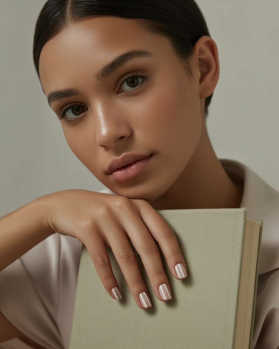 Minimalist white line nail art on short nails with a neutral base, exuding modern sophistication.
