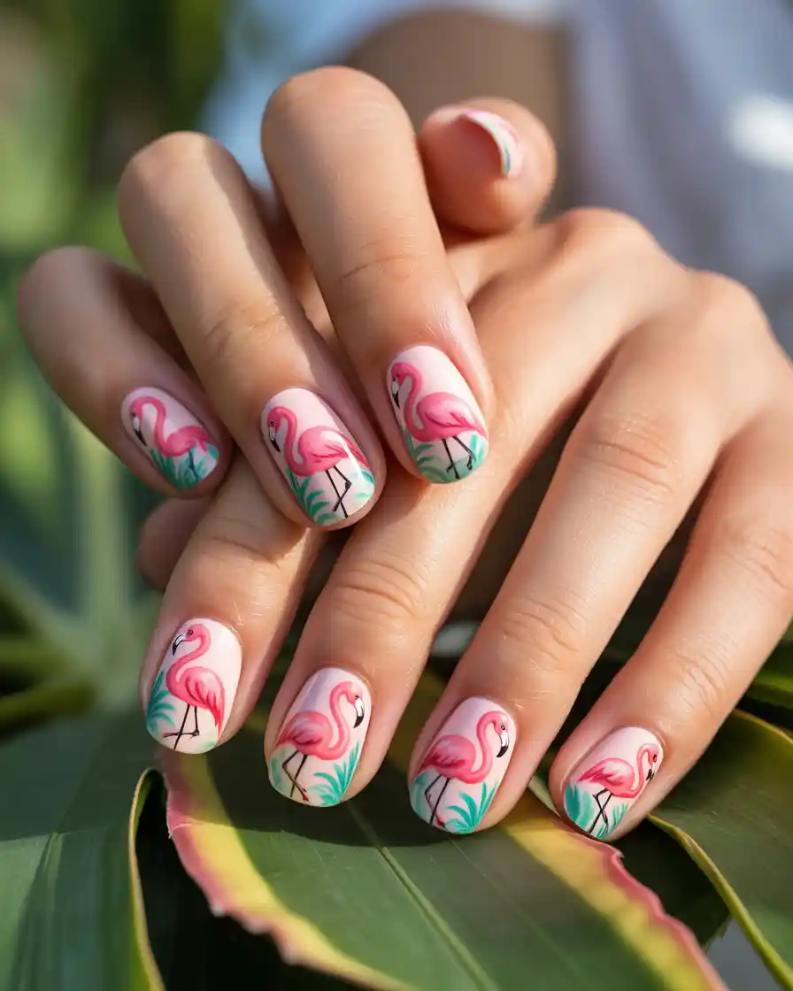 Flamingo nail art with pink flamingos and tropical leaves.