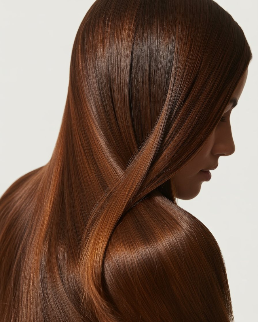 Straight chocolate brown hair with caramel highlights, offering a polished and radiant look with a touch of warmth.