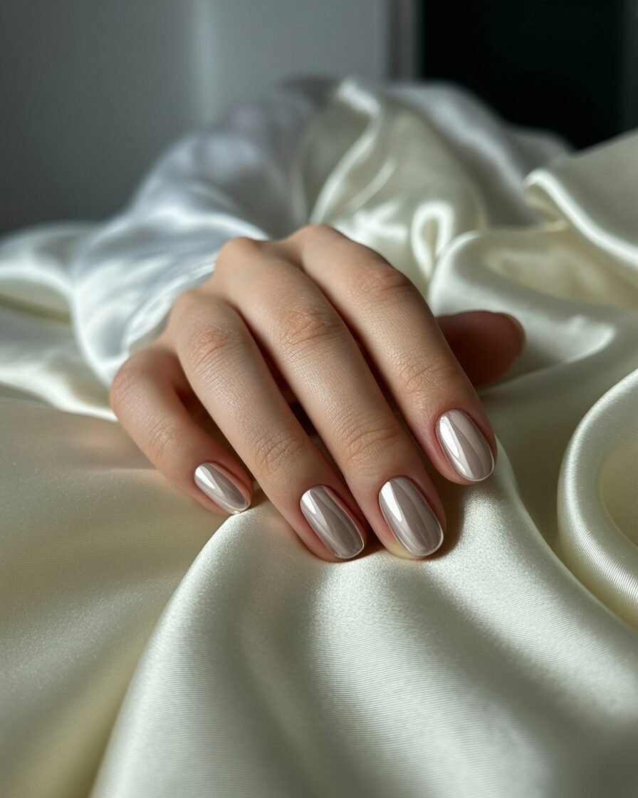 Milky nude chrome nails on soft ivory fabric.