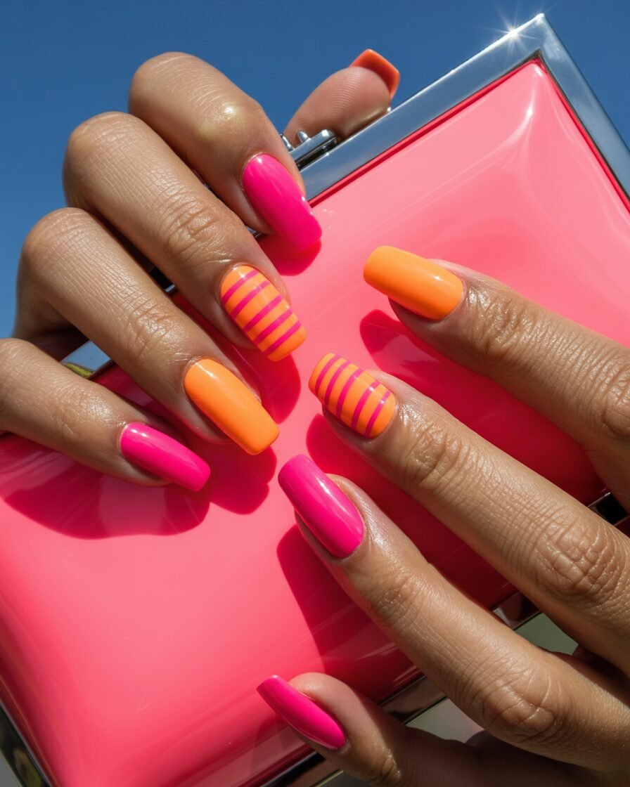 Bright neon pink and orange nails with geometric patterns