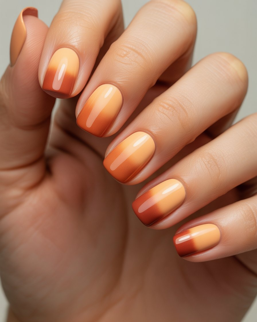 Warm sunset gradient nails in terracotta and orange hues.