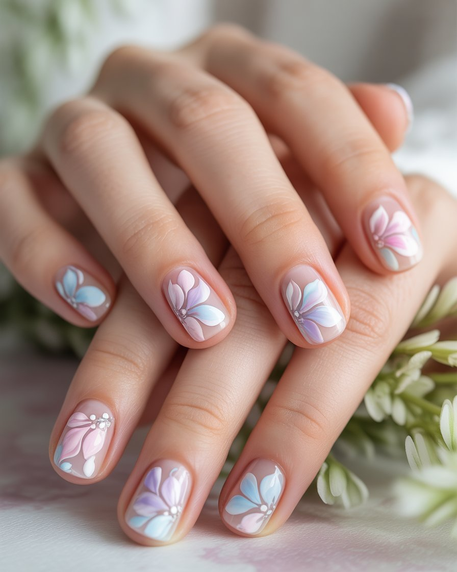  Clear floral nail art with lavender, pink, and green details.