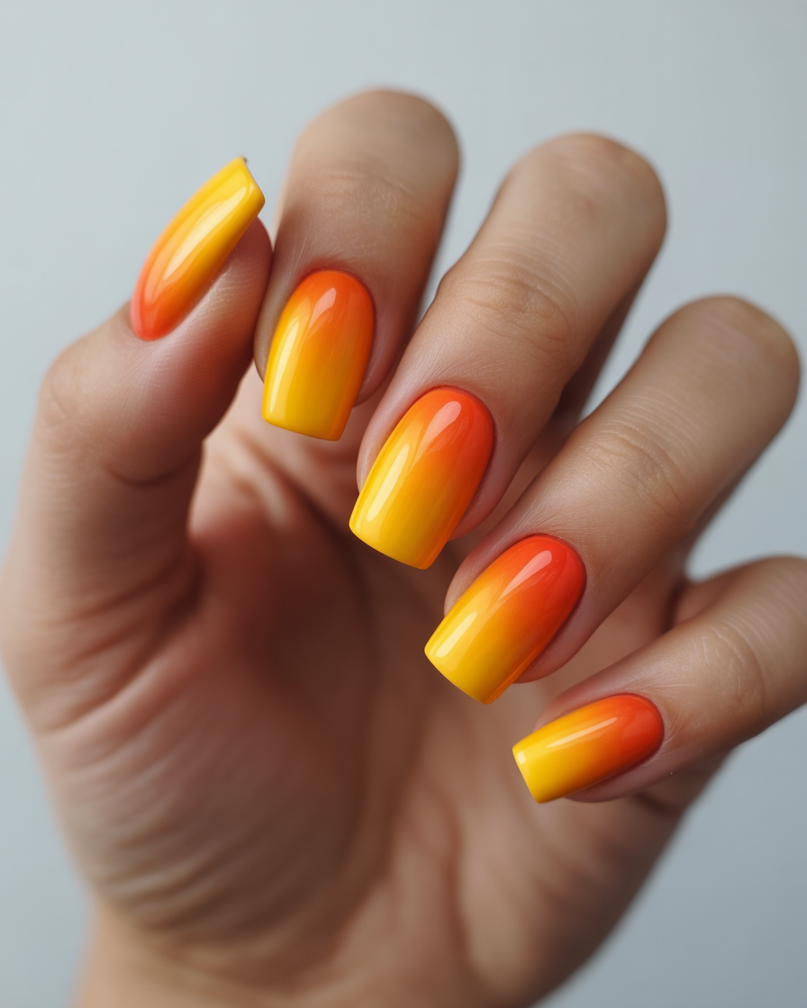  Warm gradient sunset nails with bright yellow fading into orange.
