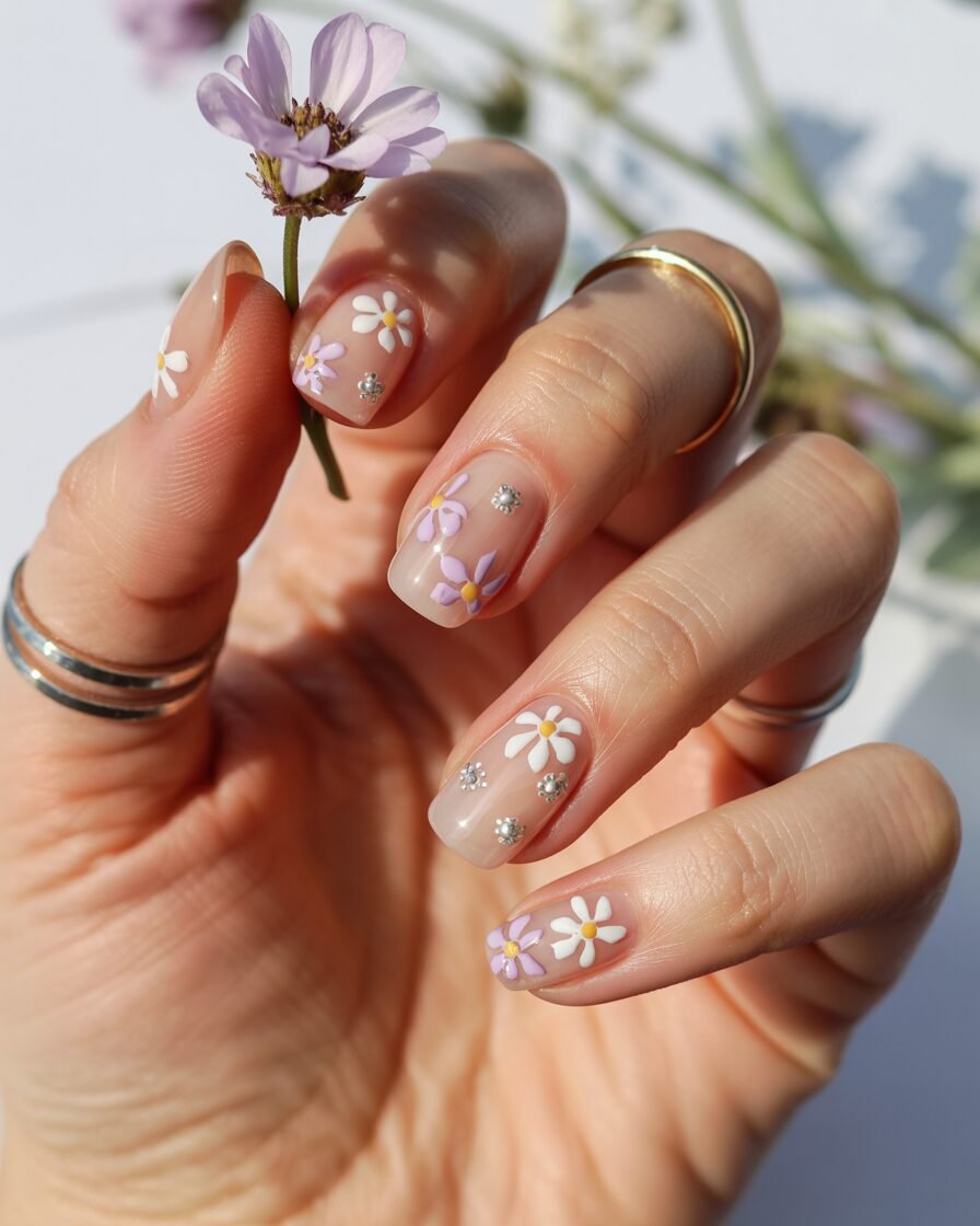 Clear nails with delicate floral embellishments