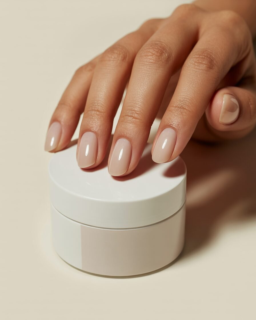 Milky chrome nails holding a skincare jar in soft light.