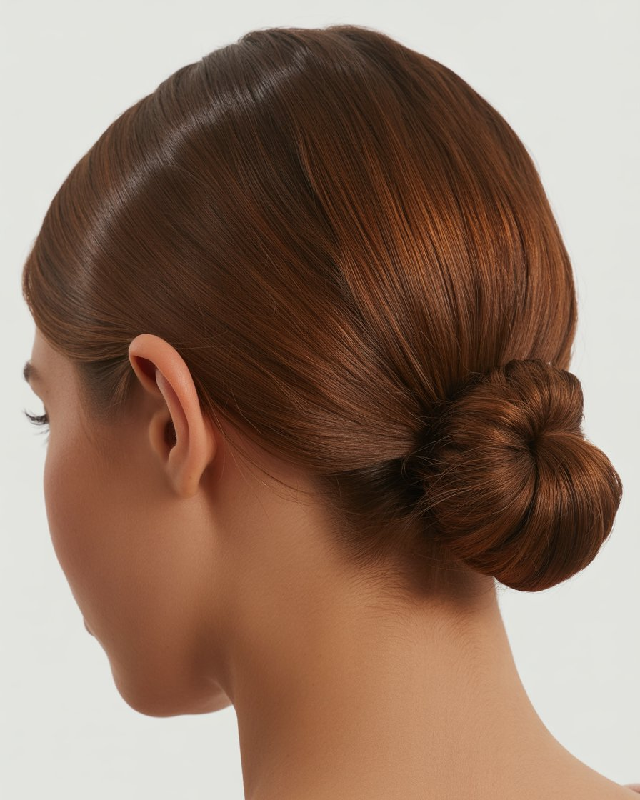 Brunette low bun hairstyle, offering a chic, elegant look with a polished finish perfect for formal occasions.