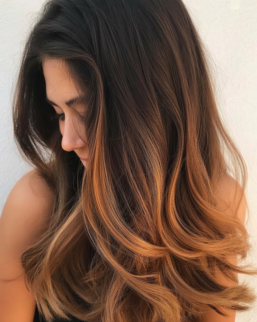 Chocolate brown hair with caramel ombre, offering a smooth and natural color gradient with a sun-kissed finish.