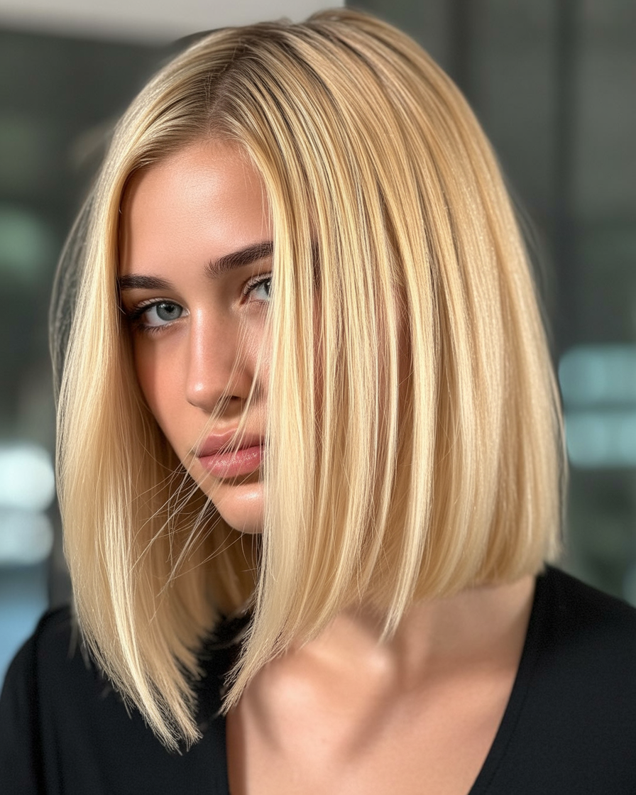 Blonde lob hairstyle, offering a versatile and chic look with a balanced, sophisticated cut just above the shoulders.