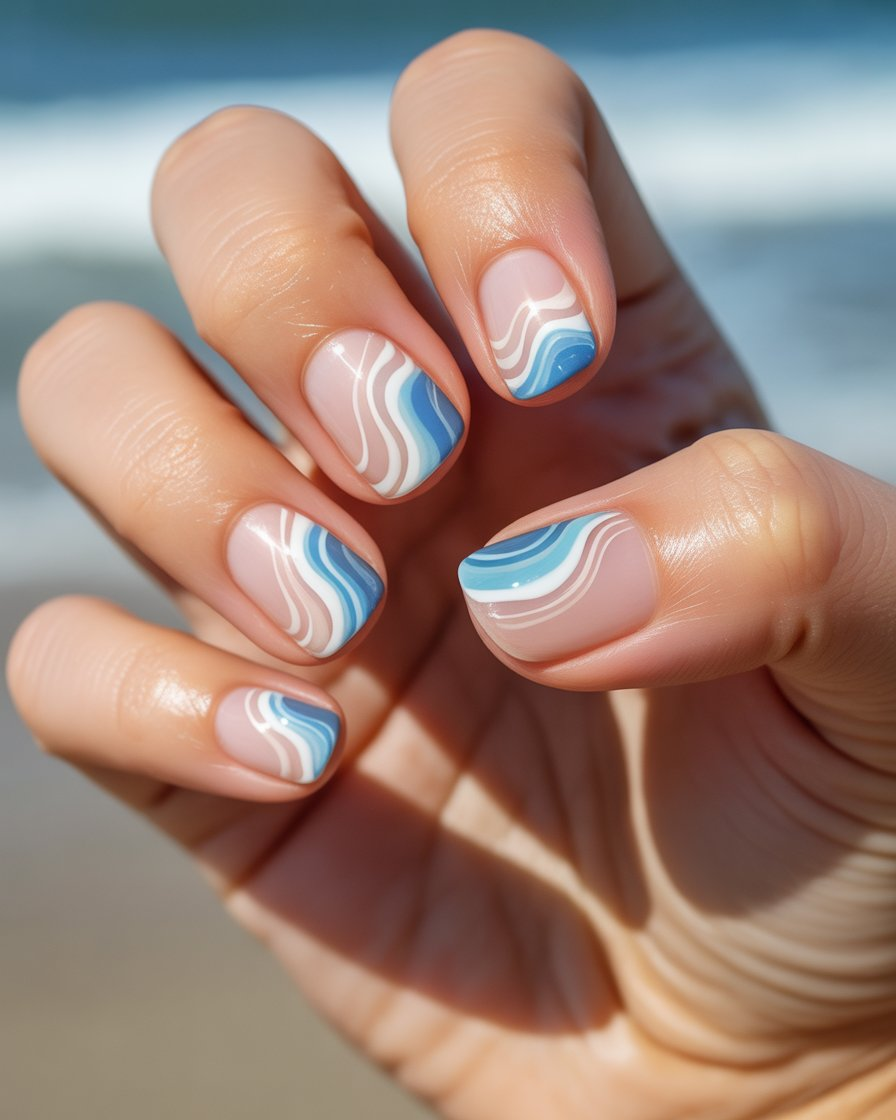 Beach wave nail art with blue, white, and sandy beige swirls.