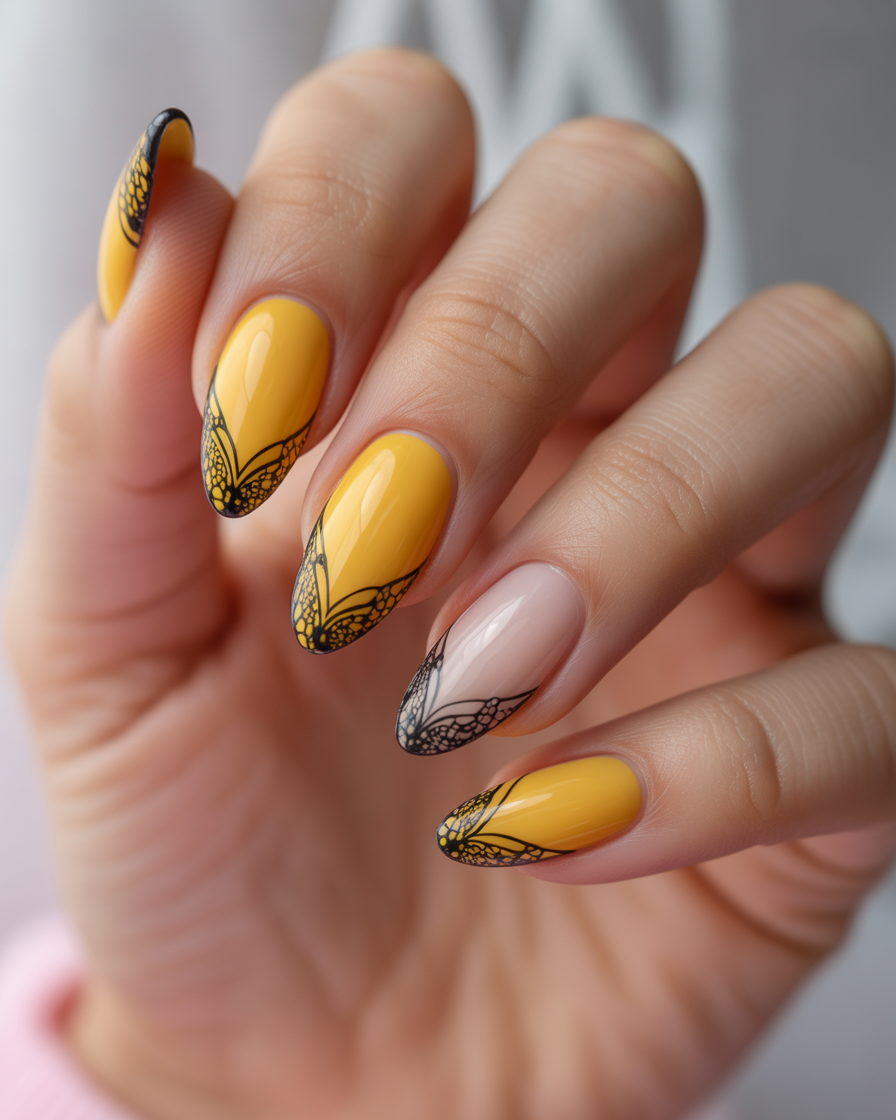 Yellow almond nails with black lace detailing.