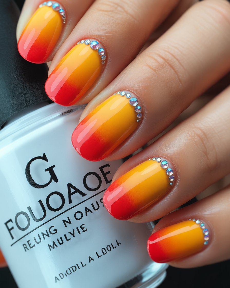 Sunset gradient nails with rhinestones for a glam finish.