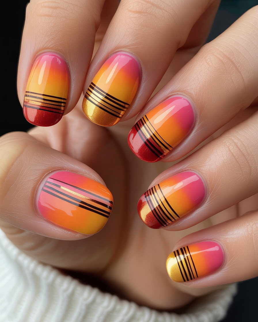  Sunset gradient nails with minimalist fine lines.