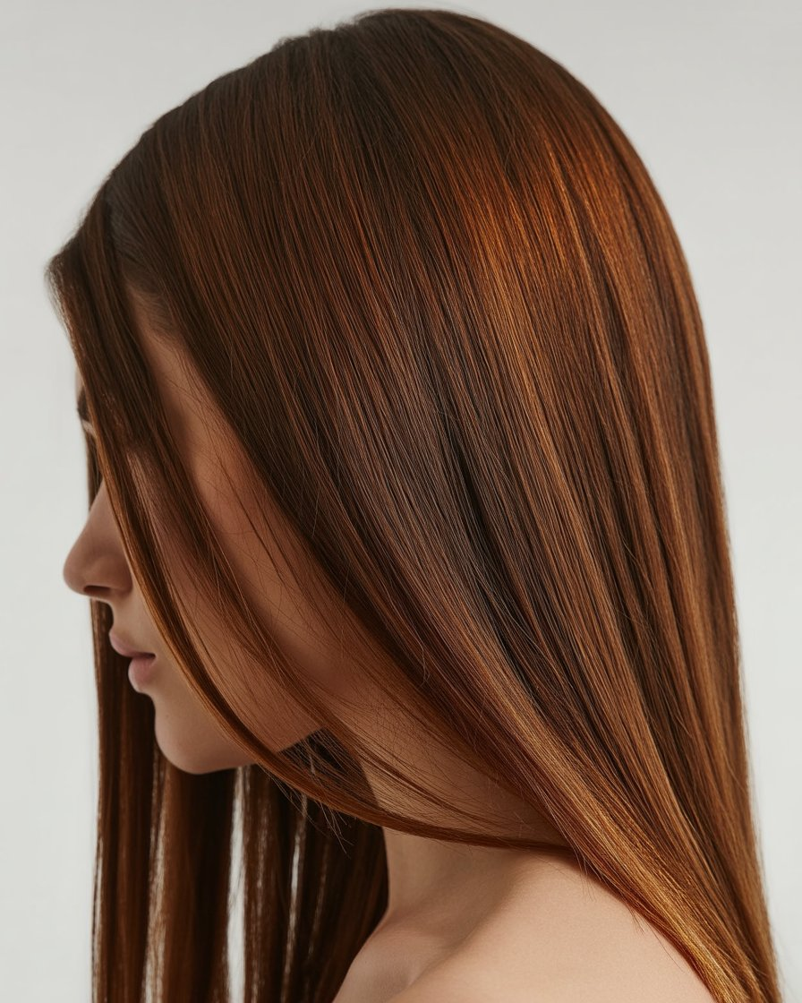 Straight chocolate brown hair with caramel tips, creating a sleek and polished look with a touch of brightness.