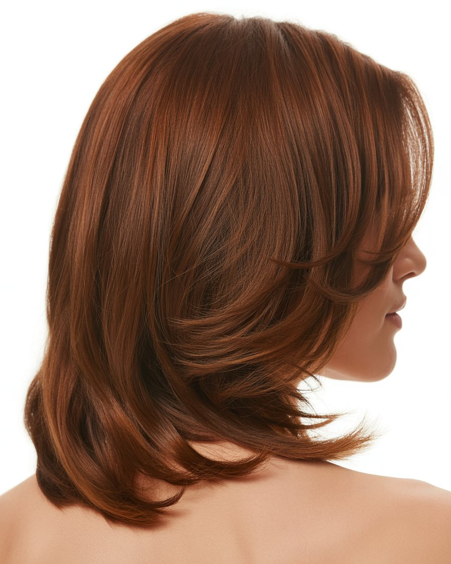  Brunette hair with face-framing layers, highlighting the facial features and adding texture and movement.