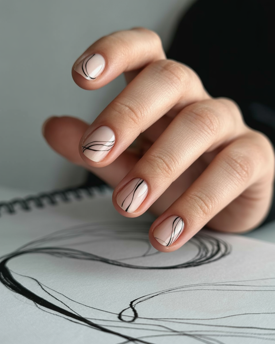  Nude nails with thin black abstract line art design.