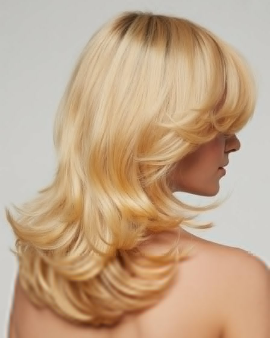 Blonde hair with face-framing layers, offering a soft, flattering look that enhances the facial features.