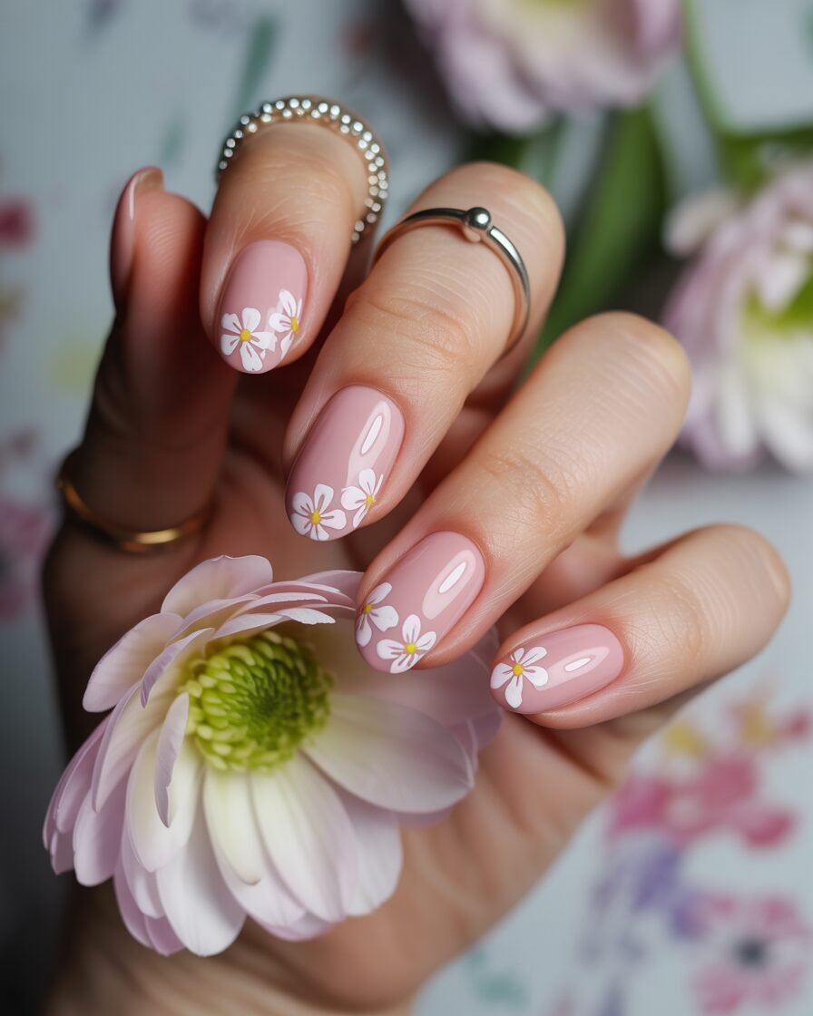 Delicate floral designs on pink nails