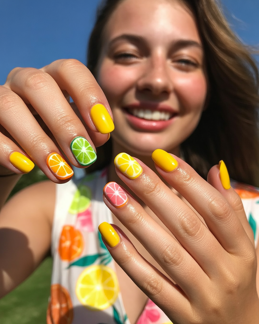 Citrus slice nails in yellow and orange, perfect for a fresh and fruity summer look