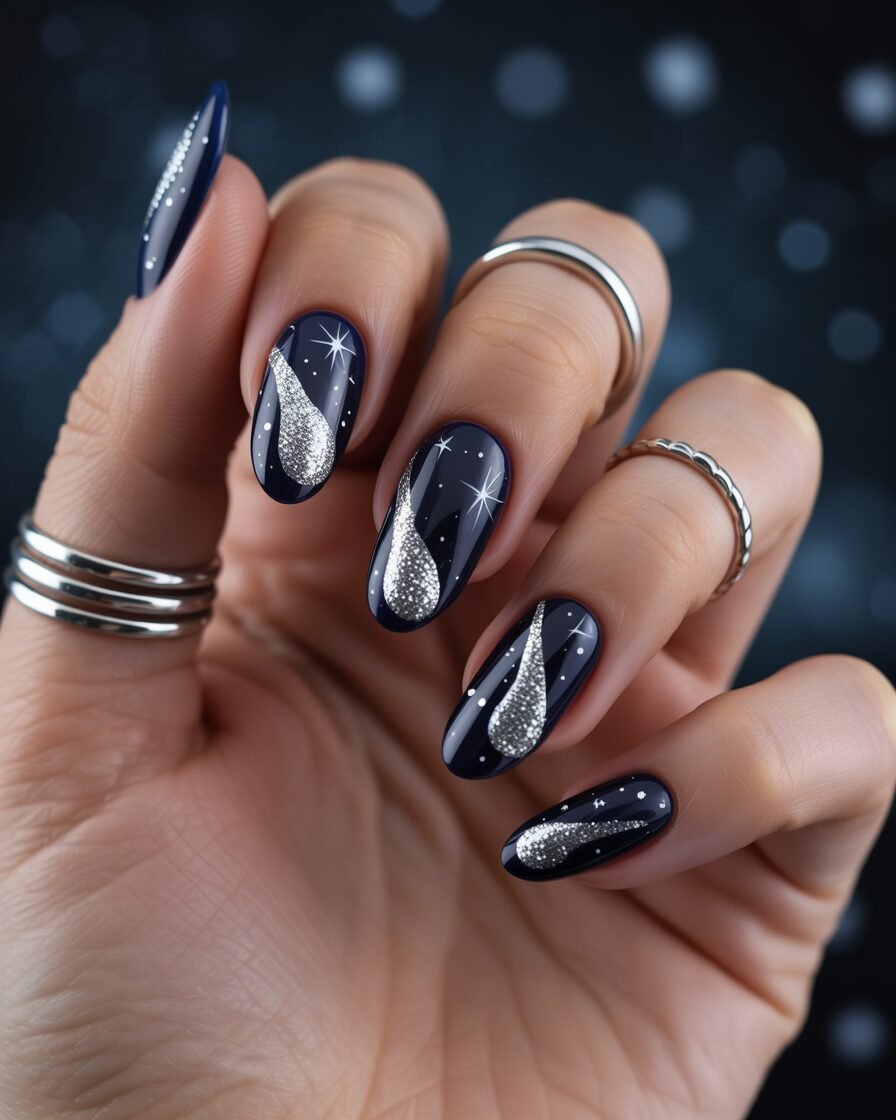 Comet-inspired nails with silver glitter streak
