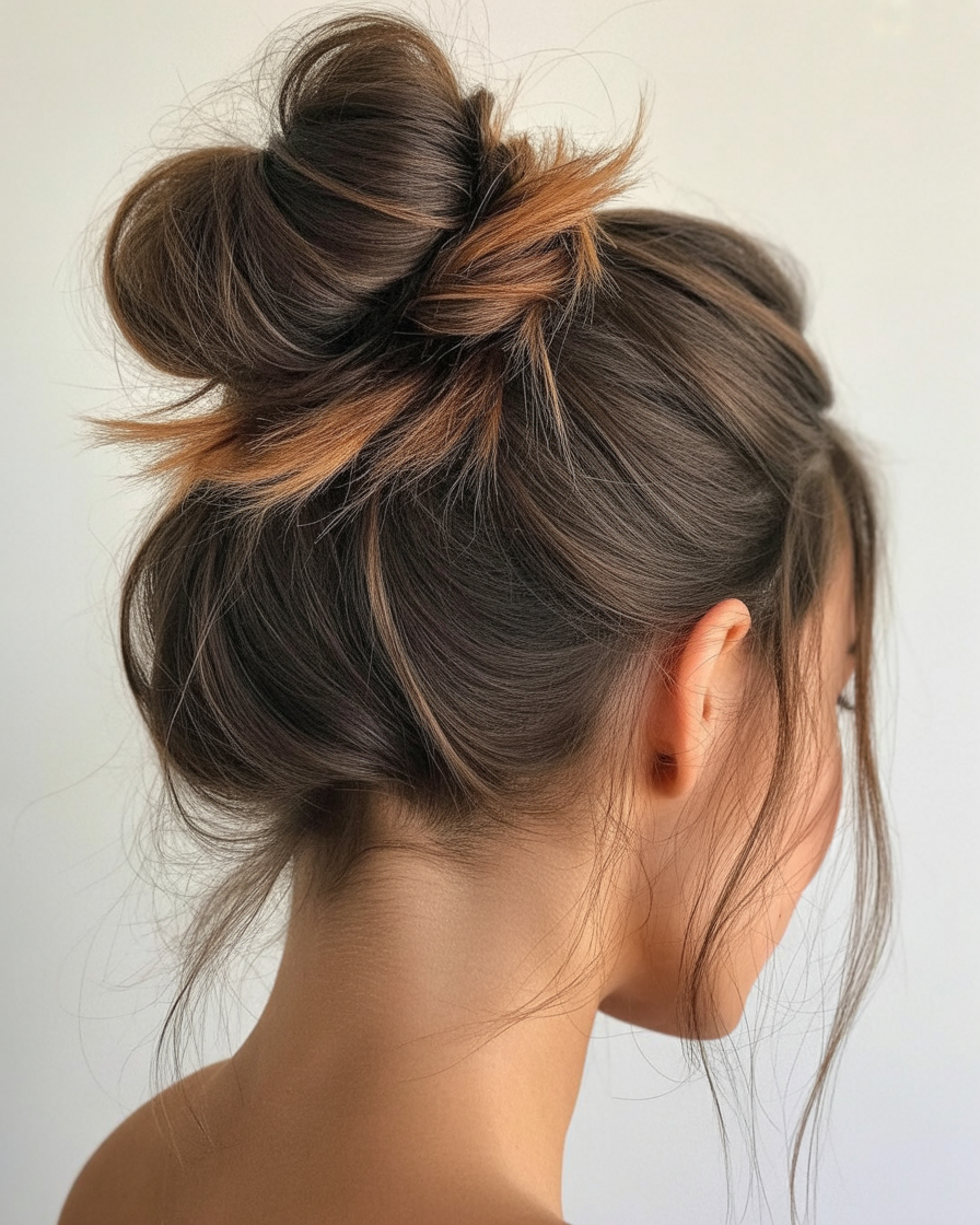 Messy bun with chocolate brown hair and caramel highlights, offering a relaxed, chic, and textured look.
