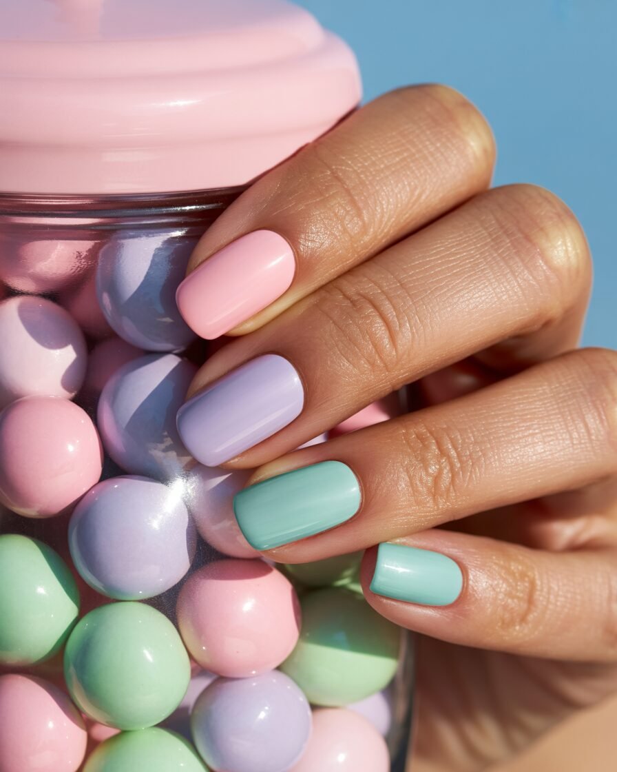 Candy-colored nails in bubblegum pink, lavender, and mint