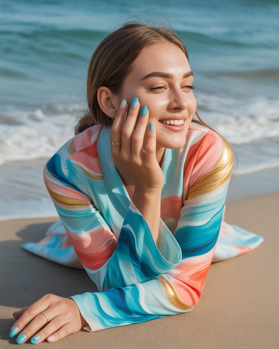 Abstract wave nail art with ocean-inspired colors, perfect for a summer beach vibe.