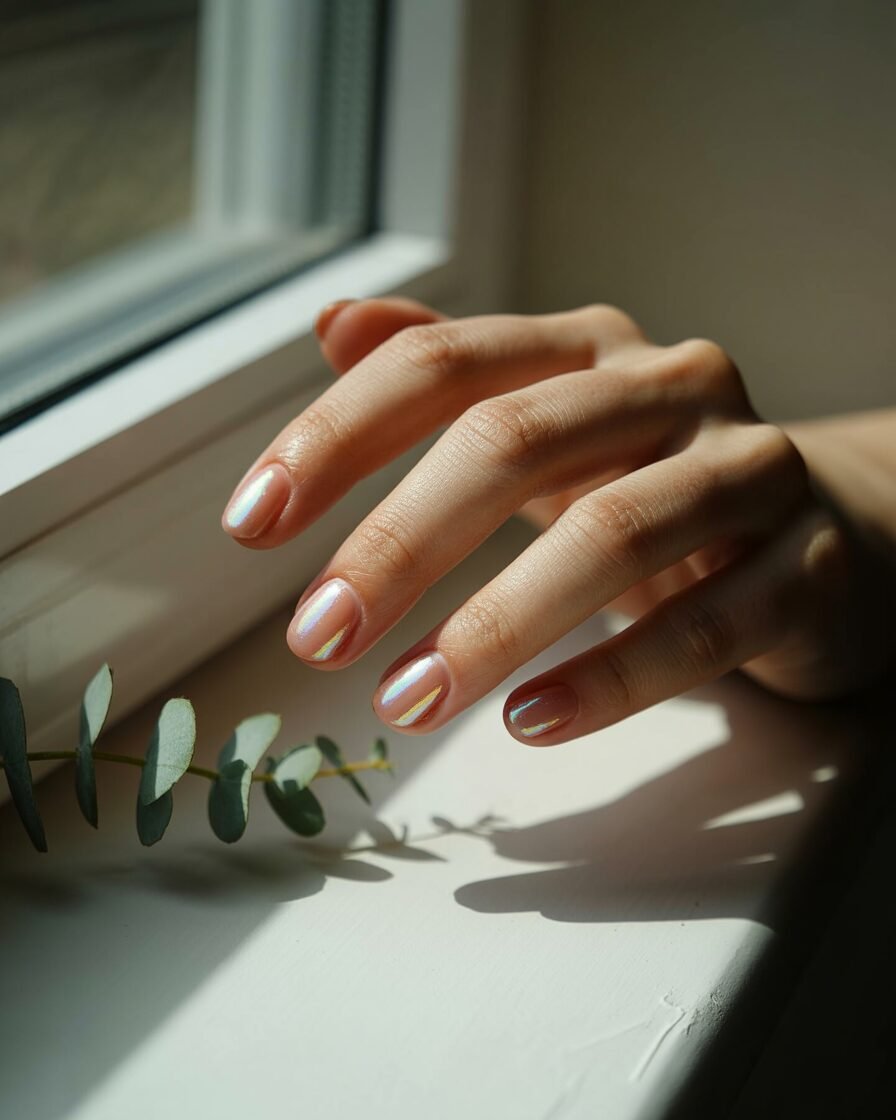 Peach-toned chrome glazed nails glowing in the sun.