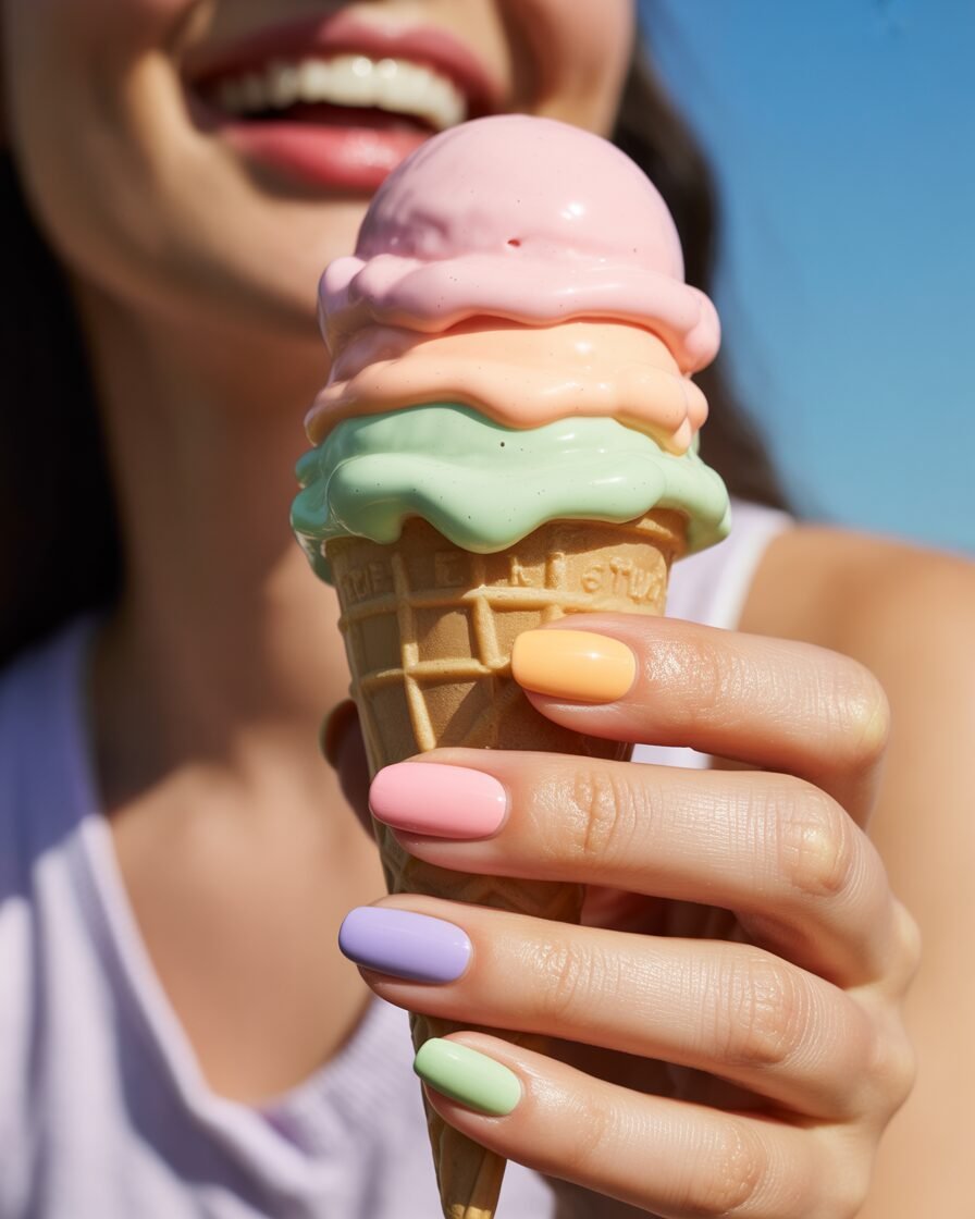 Sweet ice cream-inspired nails with pastel colors.