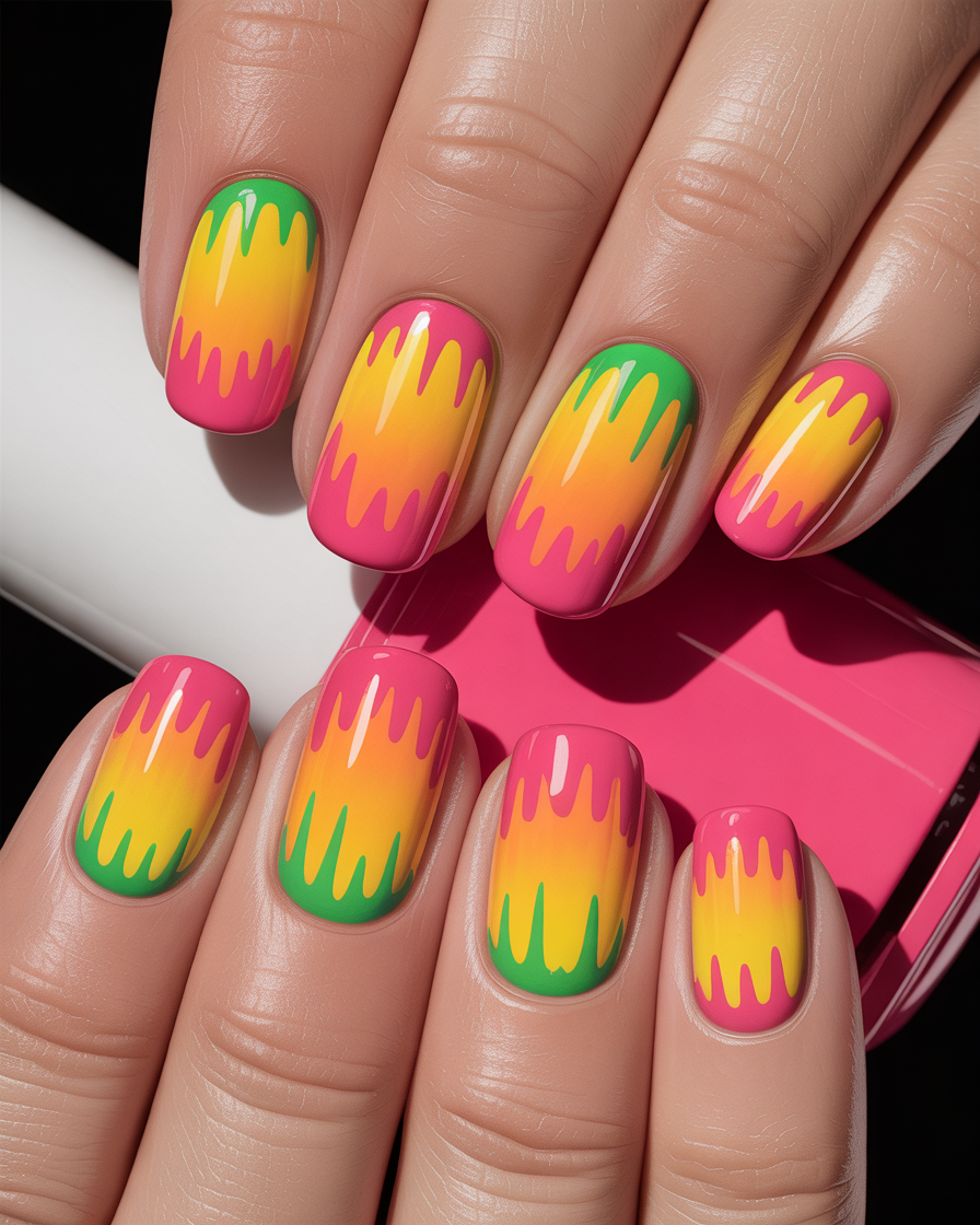 Neon sunset gradient nails with vibrant, colorful accents.