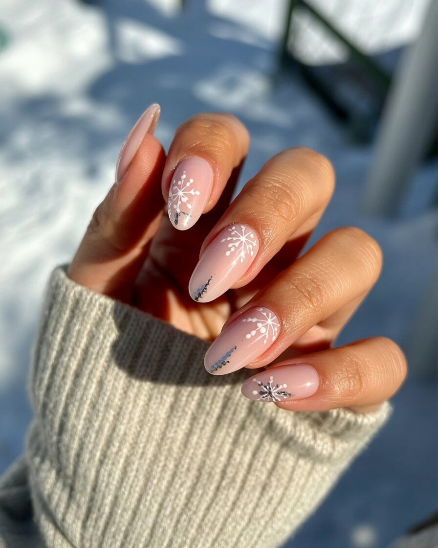 Winter-ready pink chrome nails with cozy sweater.