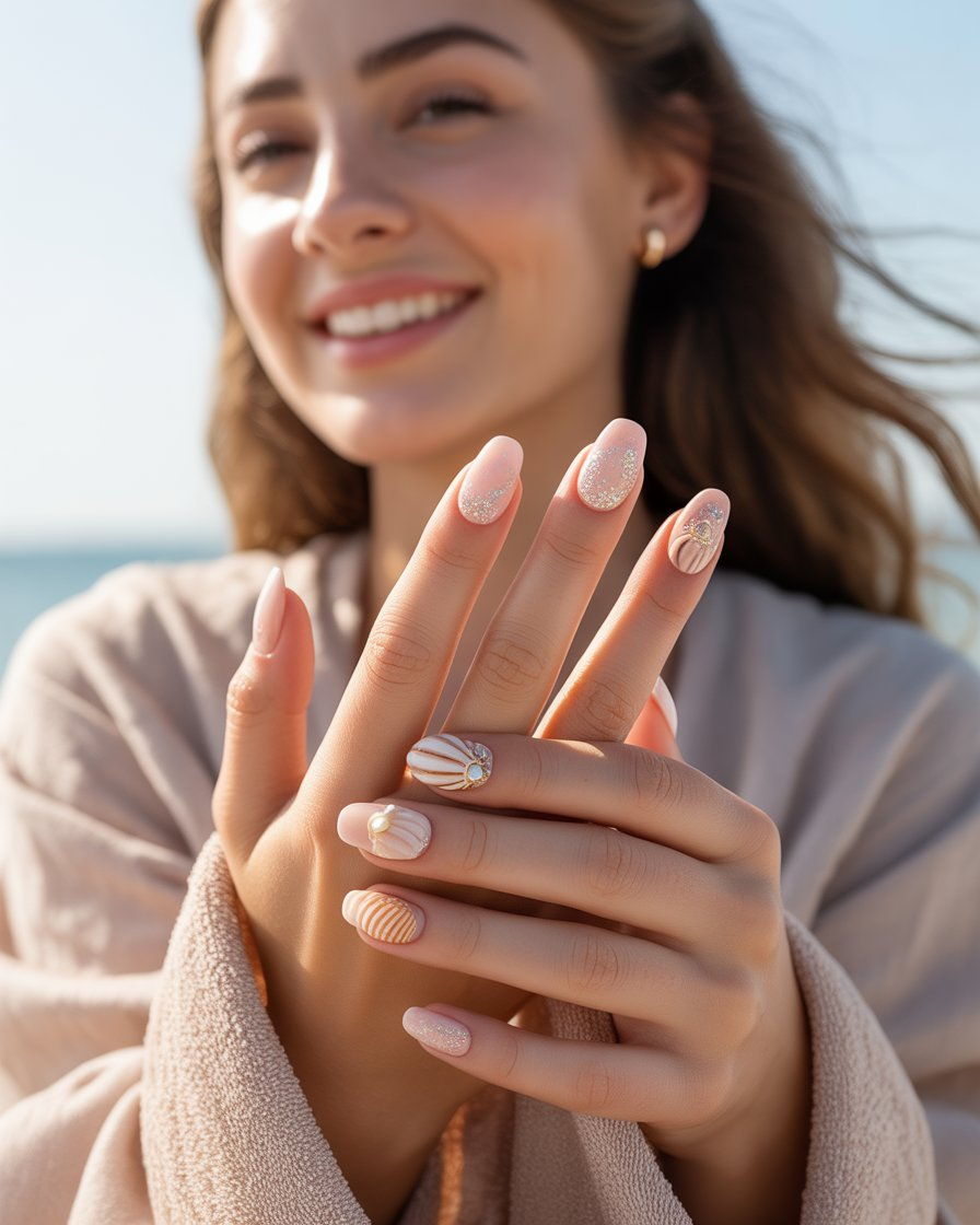 Seashell glitter nails on a nude base, perfect for a glitzy beach-inspired look.