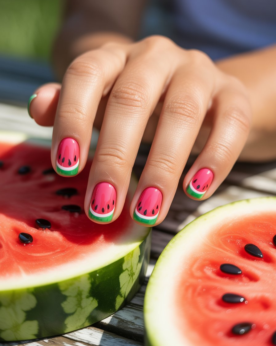 Watermelon nail art with pink rind, green tips, and black seeds.