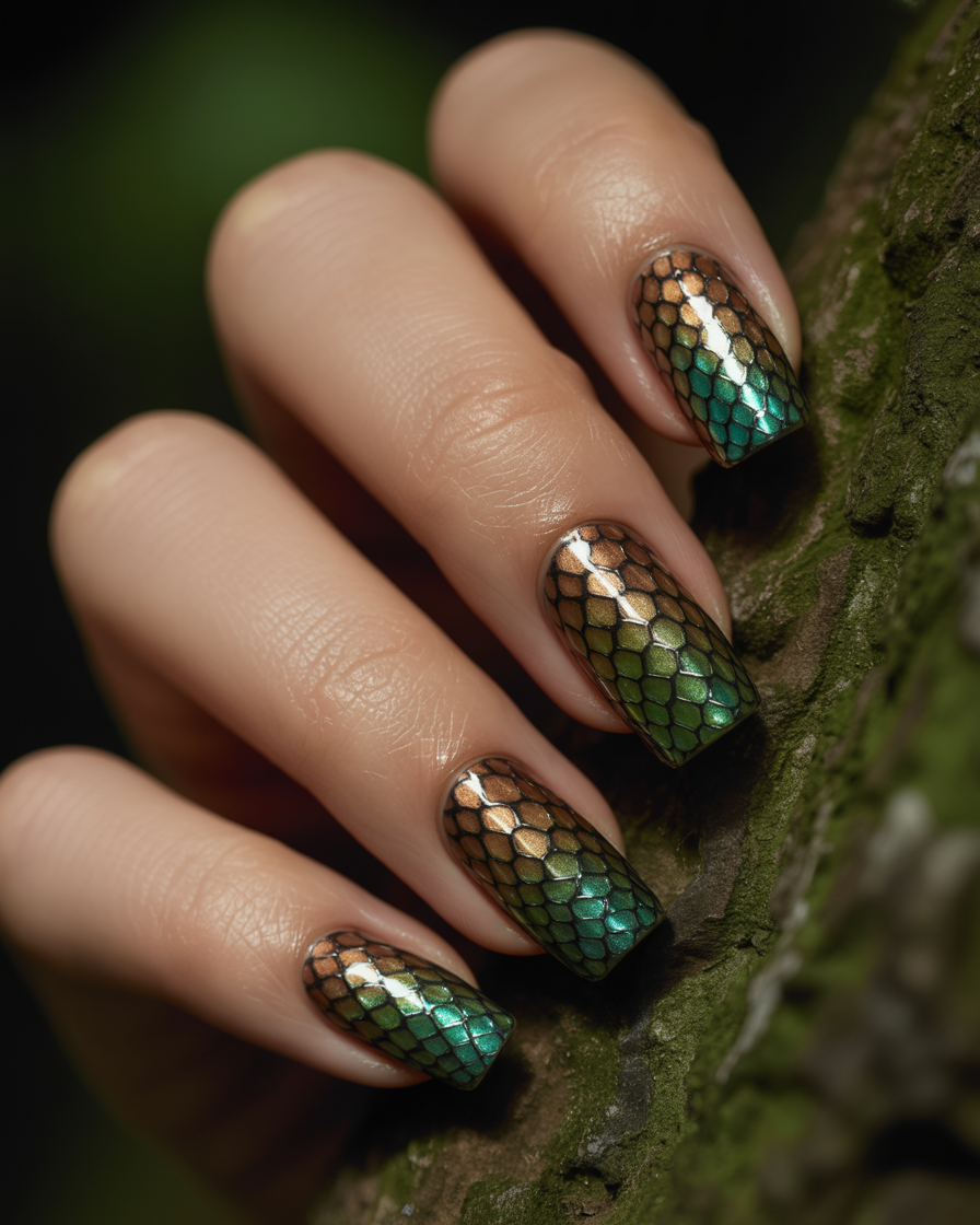 Luxe snake skin nails in metallic bronze and green