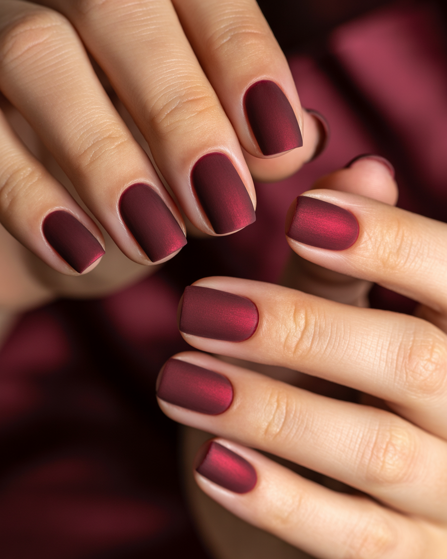 Velvet burgundy nails with a matte finish for an elegant prom look