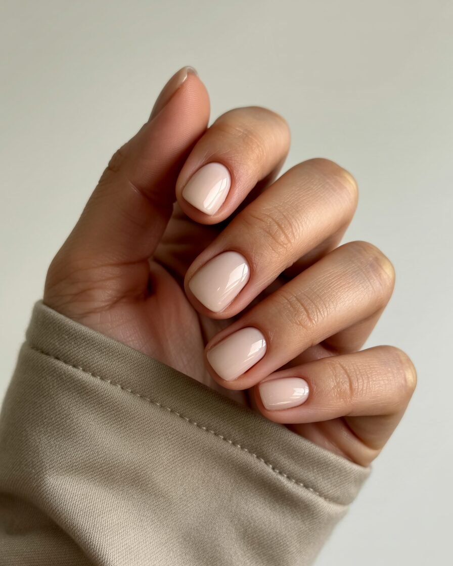 Simple nude short square nails for an understated and elegant summer style