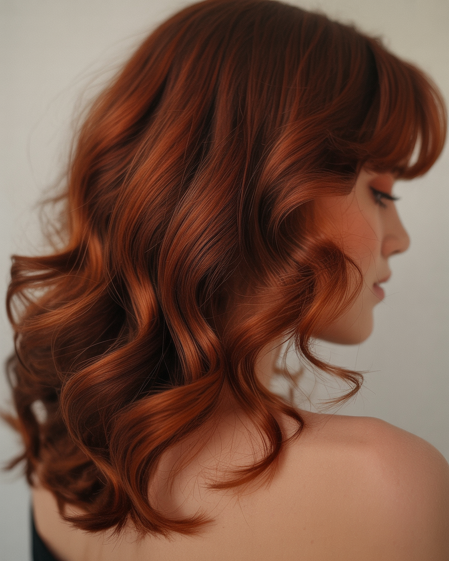 Warm mahogany hair with loose waves, offering a luxurious, bold look with a radiant reddish-brown hue.