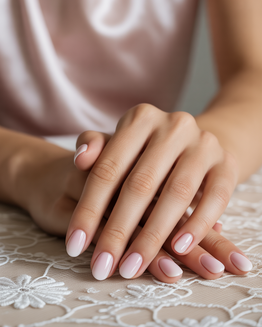 Soft pink ombre nails on short nails for a dreamy and feminine look