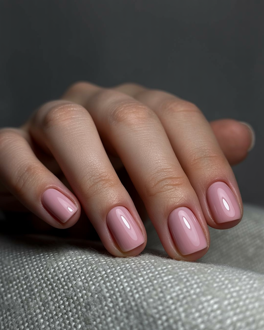 Glossy short nails in soft pink, ideal for an understated yet elegant summer look.