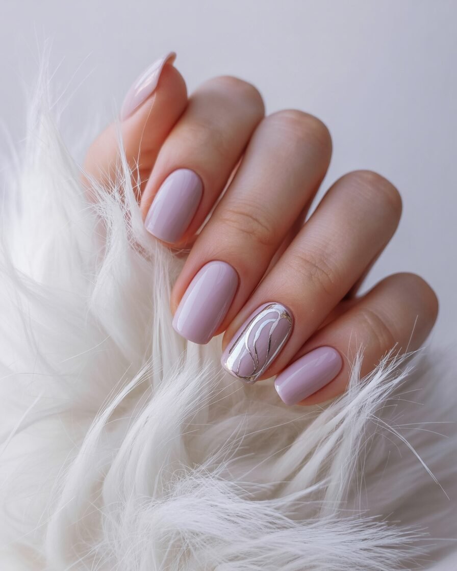 Lavender nude chrome nails resting on white fur.