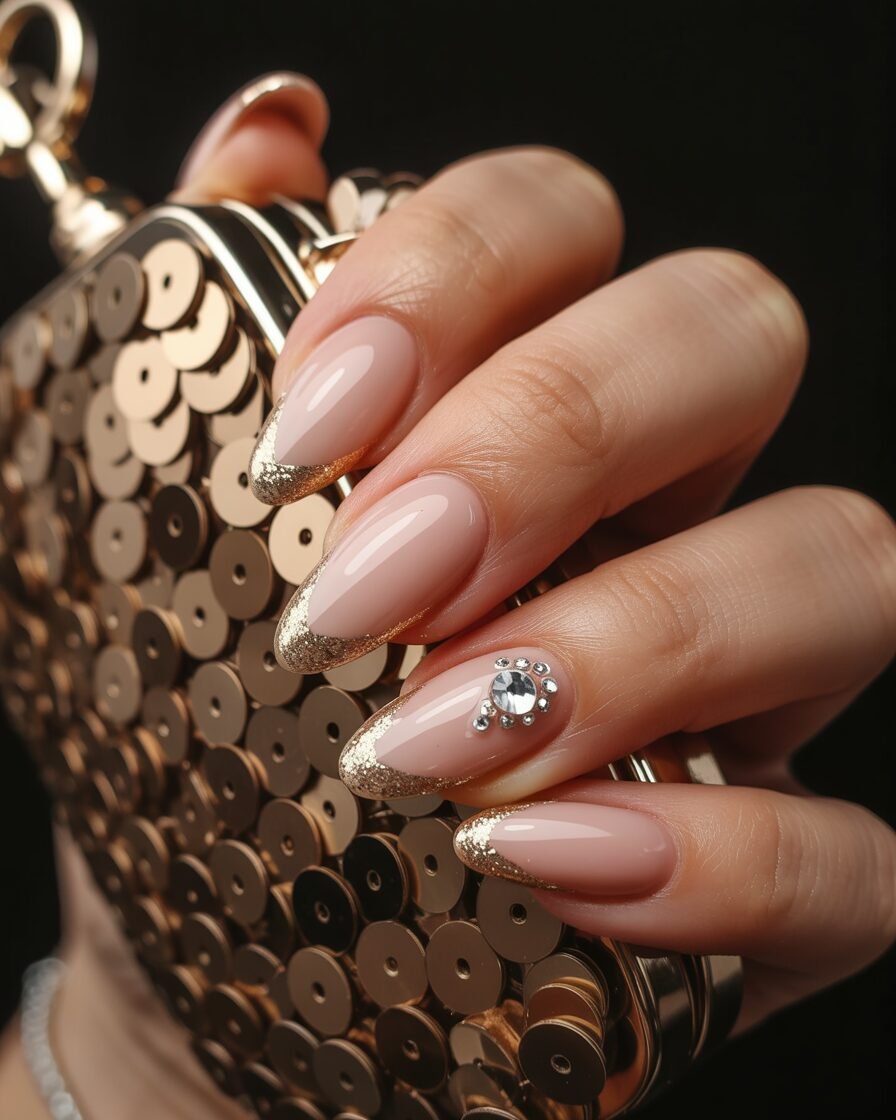  Champagne nude chrome nails with sparkly clutch.