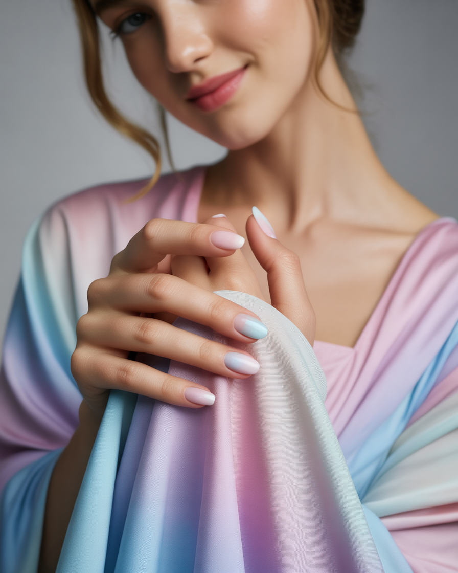 "Pastel gradient nails on short nails for a soft, whimsical look.