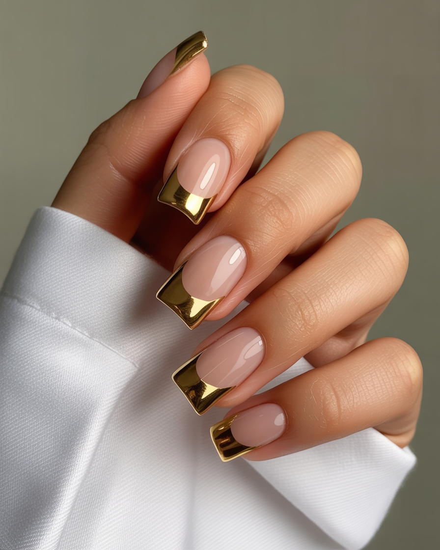 Modern square nails with metallic gold French tips for a fun twist on the classic.
