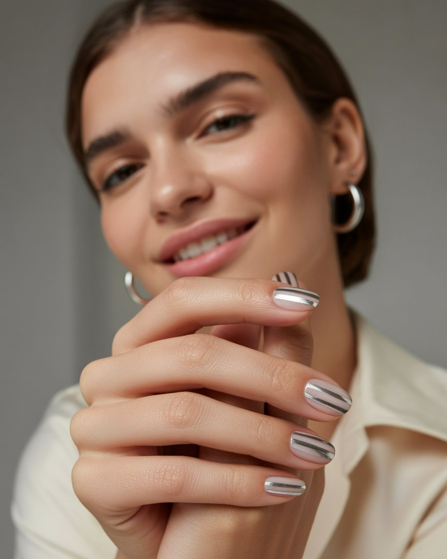 Silver stripes on short nails for a minimalist yet stylish look.