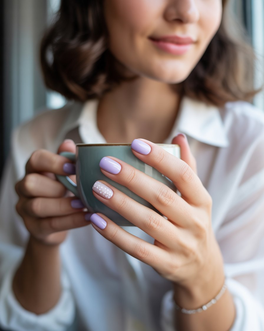 "Soft lavender nails with white dots on short nails, creating a feminine and playful look.