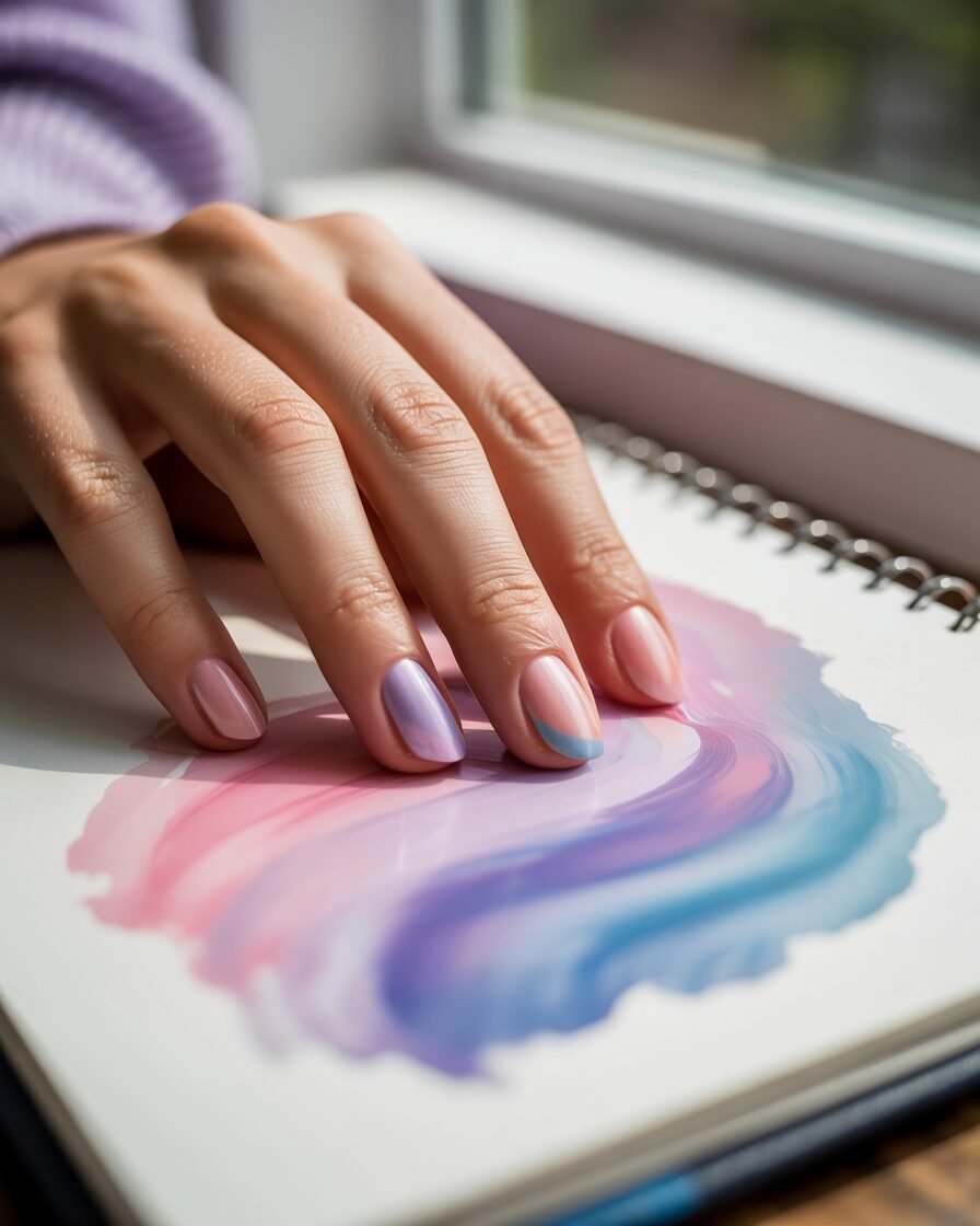 Watercolor wash nails in pink, purple, and blue for an artistic and dreamy summer style.
