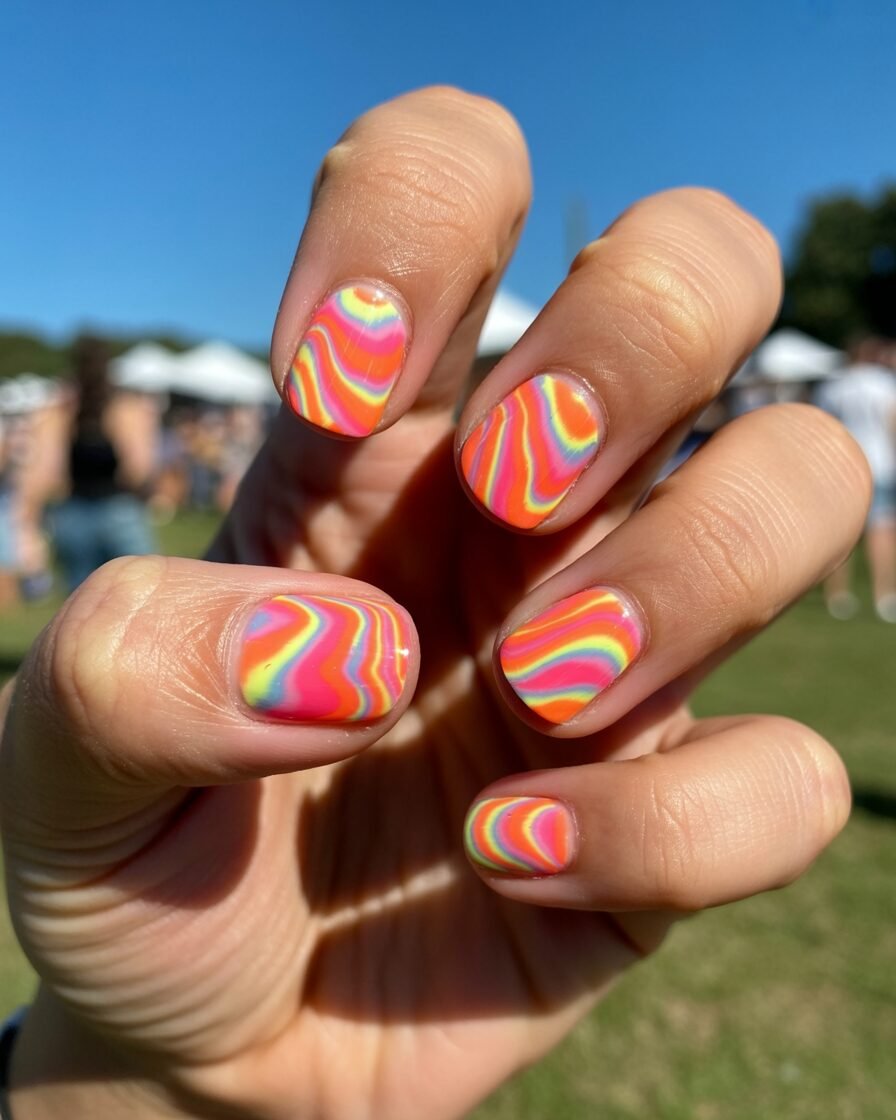 Retro tie-dye nails with neon colors swirling together for a fun, bold summer look.